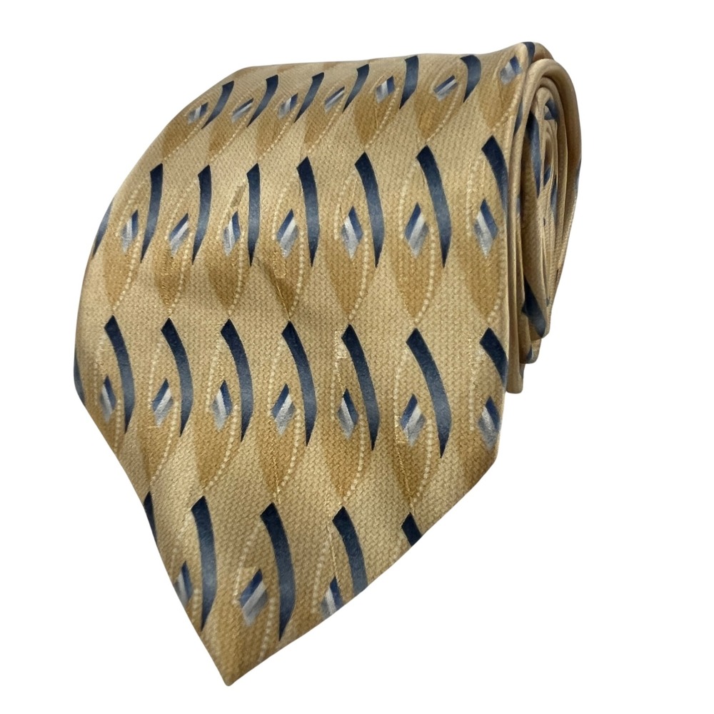 Stafford Necktie Men Gold Navy Blue Geometric Pattern 100% Silk Classic Tie
